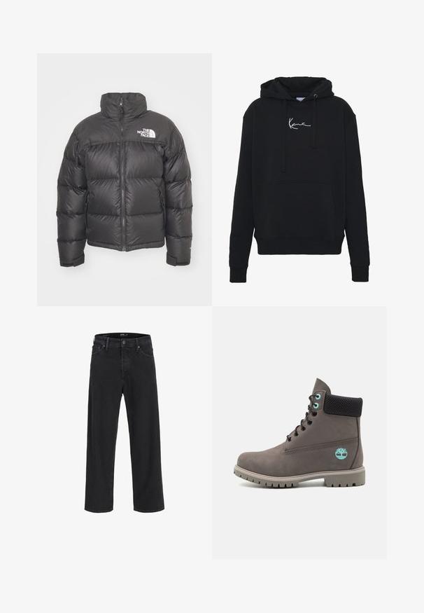 Melnā pūkainā jaka ar augstu apkakli, ar rāvējslēdzēju un logotipu. Iezīmējas ar izšūtiem fragmentiem un elastīgām piedurknēm papildu siltumam.; Melnā kapuce, kas izgatavota no mīkstas auduma, ar priekšējo kabatu, auklām un balto logotipa izšuvumu uz krūtīm. Klasisks piegriezums un ribota aproce.; Melna klasisko taisno kāju džinsu bikses ar pogu un rāvējslēdzēju, jostas cilpas, kā arī priekšējām un aizmugurējām kabatām.; Timberland Šņorējami puszābaki - medium grey