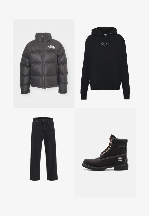 Mustard vest, mille v. pikkade varrukatega, lukuga ning logoga. Omab tikkimise detaile ja elastseid ääriseid soojuse tagamiseks.; Musta huppari pehmest kangast, millel on eesmine tasku, nöörid ja valge logo tikand rinnal. Klassikaline lõige ja soonikkoes varrukad.; Mustad sirgedega teksapüksid, millel on nööp ja lukuga sulgemine, vöökohaga silmad ning ees- ja tagataskud.; Timberland Nööritavad poolsaapad - black