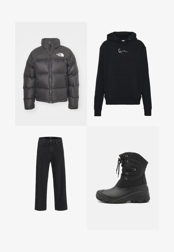 Svart pufferjakke med høy krage, glidelås og logo. Har quiltede seksjoner og elastiske mansjetter for ekstra varme.; Svart hettegenser laget av myk stoff, med en frontlomme, snor i hetten og hvit logo brodert på brystet. Klassisk passform og ribbestrikkede mansjetter.; Svarte straight-leg denim jeans med knapp- og glidelåslukking, beltestropper og front- og baklommer.; Svart vanntett vinterstøvel med tekstiloverdel, snøring, gummisåle, quiltet design og teksturerte detaljer for grep og isolasjon.