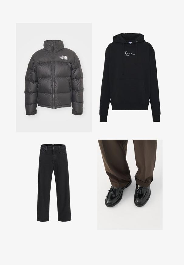 Mustan vuorillinen takki, jossa on korkea kaulus, vetoketjukiinnitys ja logo. Takissa on tikatut osiot ja joustavat hihansuut lisälämmön vuoksi.; Mustaparta, joka on valmistettu pehmeästä kankaasta, jossa on etutasku, narut ja valkoinen logopainatus rinnassa. Klassinen malli ja ribbikupperit.; Mustat suorat farkut nappi- ja vetoketjukiinnityksellä, vyölenkeillä, sekä etu- ja takataskuilla.; Mustat nahka loafersit, joissa on pyöristetty kärki, koristeelliset tupsut ja teksturoitu ompelu, yhdistettynä ruskeisiin, hieman löysiin housuihin.