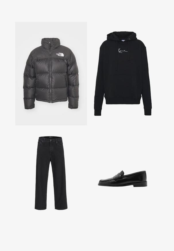 Zwarte pufferjack met hoge kraag, ritssluiting en logo. Bevat gequiltte secties en elastische manchetten voor extra warmte.; Zwarte hoodie van zachte stof, met een voorzak, koorden en witte logo borduring op de borst. Klassieke pasvorm en geribde manchetten.; Zwarte recht gesneden denim jeans met knoop- en ritssluiting, riemlussen en voor- en achterzakken.; Mango LUISA - Instappers - black