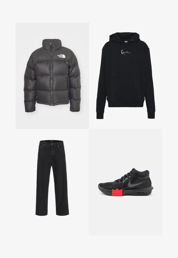 Mustan vuorillinen takki, jossa on korkea kaulus, vetoketjukiinnitys ja logo. Takissa on tikatut osiot ja joustavat hihansuut lisälämmön vuoksi.; Mustaparta, joka on valmistettu pehmeästä kankaasta, jossa on etutasku, narut ja valkoinen logopainatus rinnassa. Klassinen malli ja ribbikupperit.; Mustat suorat farkut nappi- ja vetoketjukiinnityksellä, vyölenkeillä, sekä etu- ja takataskuilla.; Mustat urheilukengät, joissa on verkkomateriaali päällä, punaisia korostuksia keskitollassa ja näkyvä ilmapatja. Varustettu tekstuurituilla sivupaneeleilla ja nauhoilla.