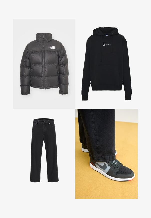 Černá péřová bunda s vysokým límcem, zipem a logem. Obsahuje prošívané části a elastické manžety pro větší teplo.; Černá mikina s kapucí vyrobená z měkké tkaniny, s přední kapsou, šňůrkami na stažení a bílou výšivkou loga na prsou. Klasický střih a pletené manžety.; Černé džíny rovného střihu z denimu s knoflíkovým a zipovým zapínáním, poutky na opasek a předními i zadními kapsami.; Tmavě zelené tenisky Nike s šedými akcenty, s texturovaným svrškem, značkou GORE-TEX, bílou podrážkou a červeným detailem na patě.