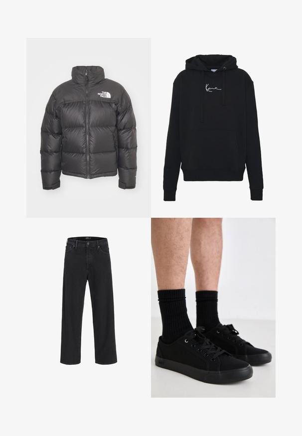 Melnā pūkainā jaka ar augstu apkakli, ar rāvējslēdzēju un logotipu. Iezīmējas ar izšūtiem fragmentiem un elastīgām piedurknēm papildu siltumam.; Melnā kapuce, kas izgatavota no mīkstas auduma, ar priekšējo kabatu, auklām un balto logotipa izšuvumu uz krūtīm. Klasisks piegriezums un ribota aproce.; Melna klasisko taisno kāju džinsu bikses ar pogu un rāvējslēdzēju, jostas cilpas, kā arī priekšējām un aizmugurējām kabatām.; Melni kanvas kedu ar noapaļotu purngalu, plakanu gumijas zoli un melnām auklām. Saskaņoti ar melnām ribotām zeķēm. Vienkārša dizaina bez rakstiem.