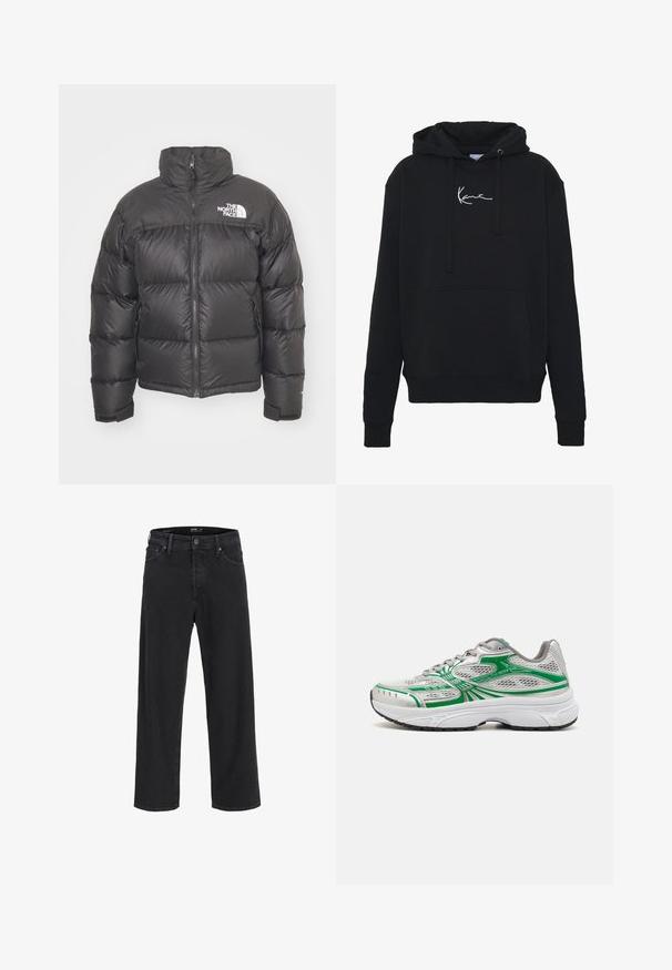 Jachetă puffer neagră cu guler înalt, închidere cu fermoar și logo. Prezintă secțiuni matlasate și manșete elastice pentru un plus de căldură.; Hanorac negru din material moale, cu buzunar frontal, sireturi și broderie albă a logo-ului pe piept. Croială clasică și manșete ribbate.; Jeans din denim negri, cu croială dreaptă, cu închidere prin buton și fermoar, bucle pentru curea și buzunare în față și în spate.; Pantofi sport argintii cu accente verzi, detalii din plasă, talpă căptușită și vârf rotund. Dispun de șireturi și un design ușor.