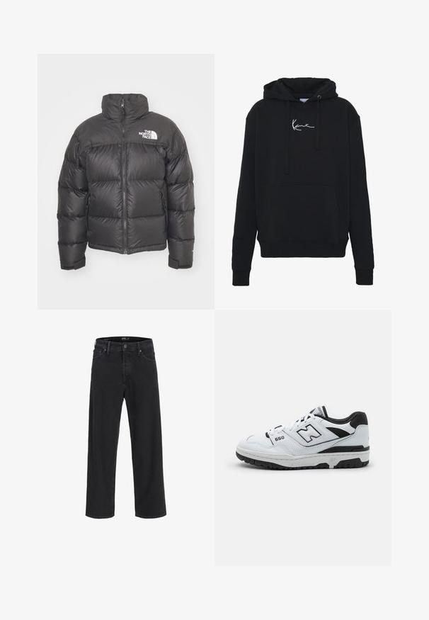 Svart puffjacka med hög krage, dragkedja och logotyp. Har kviltade sektioner och elastiska ärmslut för extra värme.; Svart hoodie gjord av mjukt tyg, med en framficka, snören och vit logobroderi på bröstet. Klassisk passform och ribbade mudd.; Svarta raka denimjeans med knäppning och dragkedja, bältesöglor samt fram- och bakfickor.; Vit lågtopp sneakers med svarta accenter, ovandel i läder och mesh, perforerade detaljer, vadderad krage och tjock gummisula. Modell 550.