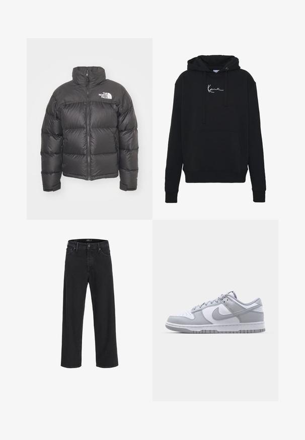 Svart pufferjakke med høy krage, glidelås og logo. Har quiltede seksjoner og elastiske mansjetter for ekstra varme.; Svart hettegenser laget av myk stoff, med en frontlomme, snor i hetten og hvit logo brodert på brystet. Klassisk passform og ribbestrikkede mansjetter.; Svarte straight-leg denim jeans med knapp- og glidelåslukking, beltestropper og front- og baklommer.; Grå og hvite Nike Dunk Low sneakers med en glatt skinnoverdel, perforert tåboks, polstret krage og gummisåle.