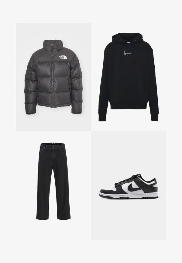 Black puffer jacket with a high neck, zip closure, and logo. Features quilted sections and elastic cuffs for added warmth.; Black hoodie made of soft fabric, featuring a front pocket, drawstrings, and white logo embroidery on the chest. Classic fit and ribbed cuffs.; Black straight-leg denim jeans with button and zipper closure, belt loops, and front and back pockets.; Black and white Nike Dunk sneakers featuring a leather upper, perforated toe, black laces, and a black rubber sole with tread design.