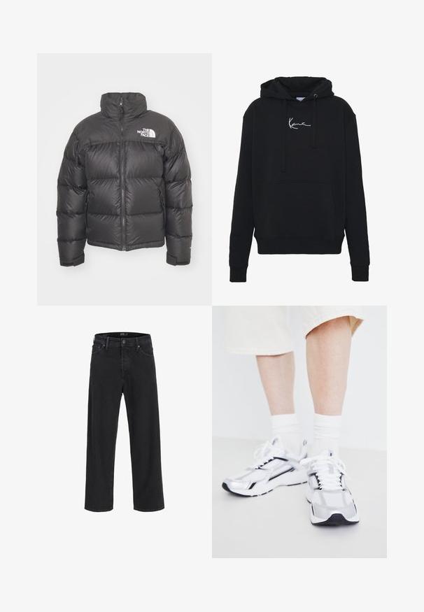 Svart pufferjakke med høy krage, glidelås og logo. Har quiltede seksjoner og elastiske mansjetter for ekstra varme.; Svart hettegenser laget av myk stoff, med en frontlomme, snor i hetten og hvit logo brodert på brystet. Klassisk passform og ribbestrikkede mansjetter.; Svarte straight-leg denim jeans med knapp- og glidelåslukking, beltestropper og front- og baklommer.; Jack & Jones JFWTOKYO - Joggesko - bright white/black