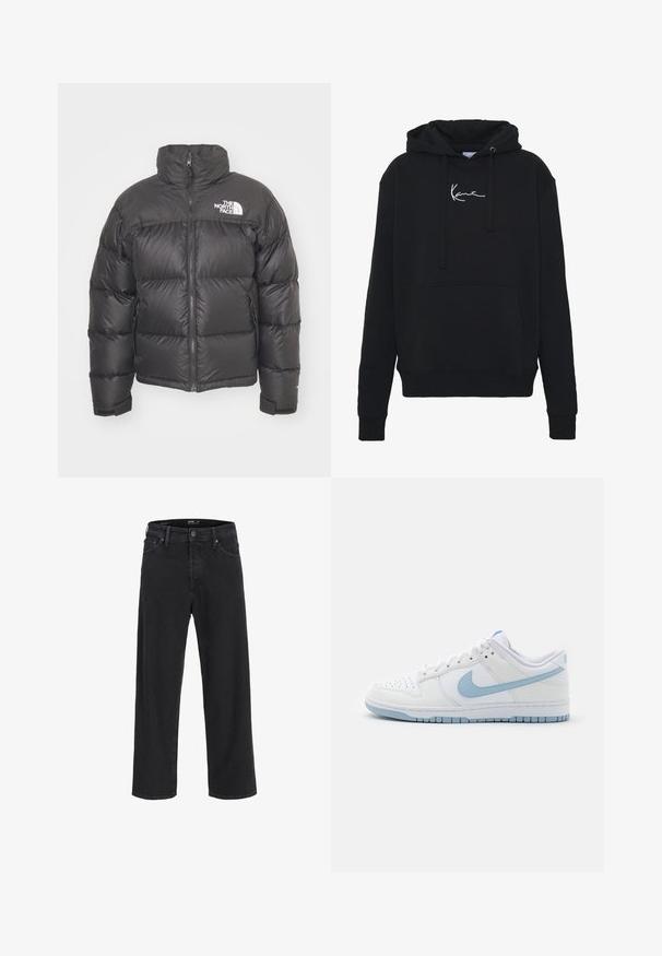 Melnā pūkainā jaka ar augstu apkakli, ar rāvējslēdzēju un logotipu. Iezīmējas ar izšūtiem fragmentiem un elastīgām piedurknēm papildu siltumam.; Melnā kapuce, kas izgatavota no mīkstas auduma, ar priekšējo kabatu, auklām un balto logotipa izšuvumu uz krūtīm. Klasisks piegriezums un ribota aproce.; Melna klasisko taisno kāju džinsu bikses ar pogu un rāvējslēdzēju, jostas cilpas, kā arī priekšējām un aizmugurējām kabatām.; Baltie zema augstuma sporta apavi ar gaiši zilu Nike swoosh, gaiši zilām zoles akcentiem un baltām šņorēm uz vienkārša neitrāla fona.