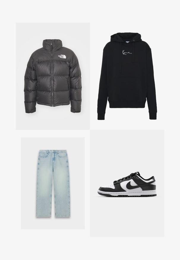 Black puffer jacket with a high neck, zip closure, and logo. Features quilted sections and elastic cuffs for added warmth.; Black hoodie made of soft fabric, featuring a front pocket, drawstrings, and white logo embroidery on the chest. Classic fit and ribbed cuffs.; Light blue, high-waisted denim jeans with a straight-leg design, faded texture, and classic five-pocket styling.; Black and white Nike Dunk sneakers featuring a leather upper, perforated toe, black laces, and a black rubber sole with tread design.