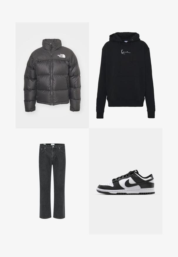 Juodas pūkinis švarkas su aukštu kaklu, užtrauktuku ir logotipo žyme. Savybės: siuvinėjimo sekcijos ir elastingi rankogaliai, suteikiantys papildomą šilumą.; Juodas gobtuvas, pagamintas iš minkštos medžiagos, su priekinėmis kišenėmis, raišteliais ir balta logotipo siuvinėjimu ant krūtinės. Klasikinis fasonas ir raštuoti rankogaliai.; Juodos džinsinės kelnės su tiesiomis kojomis, penkiomis kišenėmis ir kontrastinėmis siūlėmis. Audinys turi šiek tiek nublukusį tekstūrą.; Juoda ir balta Nike Dunk sportbačiai, turintys odinį viršutinį sluoksnį, perforuotą nykštyje, juodas raišteles ir juodą guminį pado su reljefu.