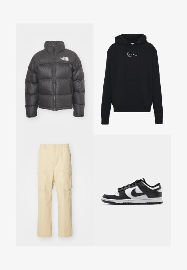 Juodas pūkinis švarkas su aukštu kaklu, užtrauktuku ir logotipo žyme. Savybės: siuvinėjimo sekcijos ir elastingi rankogaliai, suteikiantys papildomą šilumą.; Juodas gobtuvas, pagamintas iš minkštos medžiagos, su priekinėmis kišenėmis, raišteliais ir balta logotipo siuvinėjimu ant krūtinės. Klasikinis fasonas ir raštuoti rankogaliai.; Bežinės krovinių kelnės, pagamintos iš audinio, su elastinga juosmens juosta ir mygtuko uždarymu. Yra dvi šoninės kišenės ir paprastas dizainas.; Juoda ir balta Nike Dunk sportbačiai, turintys odinį viršutinį sluoksnį, perforuotą nykštyje, juodas raišteles ir juodą guminį pado su reljefu.