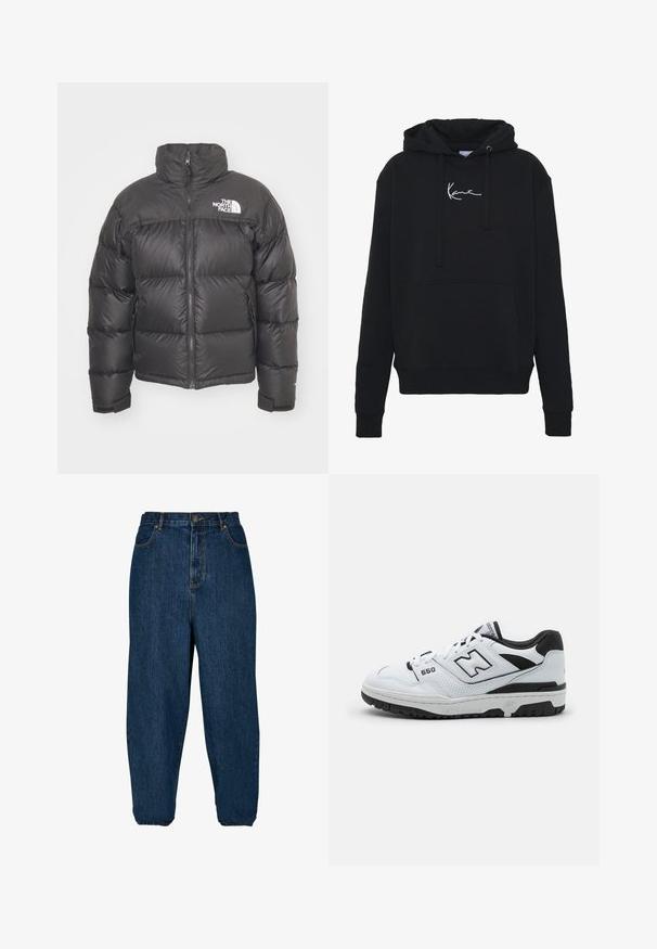 Czarna puchówka z wysokim kołnierzem, zapięciem na zamek i logo. Posiada pikowane sekcje oraz elastyczne mankiety dla dodatkowego ciepła.; Czarna bluza z kapturem wykonana z miękkiego materiału, z przednią kieszenią, sznurkami do regulacji oraz białym haftem logo na klatce piersiowej. Klasyczny krój i ściągacze na rękawach.; Ciemnoniebieskie dżinsy o luźnym kroju, wysokim stanie i elastycznych mankietach. Posiadają zapięcie na guziki z przodu oraz pięć kieszeni.; Białe sneakersy niskie z czarnymi akcentami, górna część wykonana ze skóry i siateczki, perforowane detale, wyściełany kołnierz oraz gruba gumowa podeszwa. Model 550.