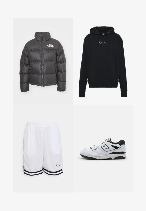 Black puffer jacket with a high neck, zip closure, and logo. Features quilted sections and elastic cuffs for added warmth.; Black hoodie made of soft fabric, featuring a front pocket, drawstrings, and white logo embroidery on the chest. Classic fit and ribbed cuffs.; White athletic shorts made from lightweight fabric, featuring a black striped hem and a signature logo on the front lower left side.; White low-top sneaker with black accents, leather and mesh upper, perforated detailing, padded collar, and thick rubber sole. Model 550.