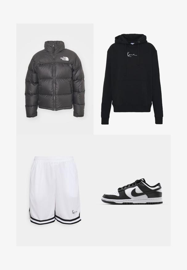 Sort puff jakke med høj hals, lynlås og logo. Har kviltede sektioner og elastiske manchetter for ekstra varme.; Sort hættejakke lavet af blødt stof, med en forlomma, snore og hvidt logo broderi på brystet. Klassisk pasform og ribbede manchetter.; Hvide atletiske shorts lavet af letvægtsstof, med en sort stribet kant og et signaturlogo på den nederste venstre side.; Sort og hvid Nike Dunk sneakers med læderoverdel, perforeret tå, sorte snørebånd og en sort gummisål med slidbanedesign.