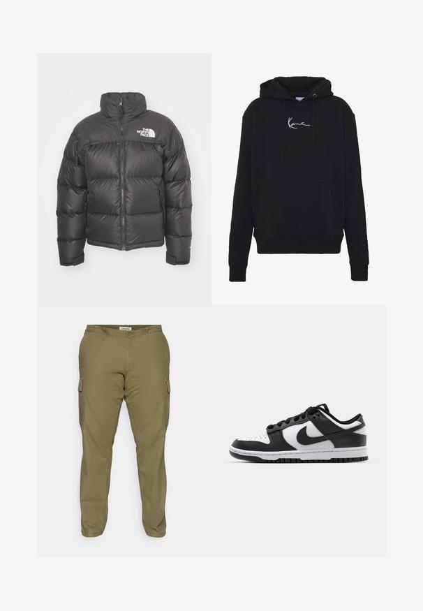 Svart pufferjakke med høy krage, glidelås og logo. Har quiltede seksjoner og elastiske mansjetter for ekstra varme.; Svart hettegenser laget av myk stoff, med en frontlomme, snor i hetten og hvit logo brodert på brystet. Klassisk passform og ribbestrikkede mansjetter.; Olivengrønne cargo-bukser lavet af en bomuldsblanding, med sidelommer, bæltestropper og lige ben-design. Glat tekstur.; Svarte og hvite Nike Dunk sneakers med lær overdel, perforert tå, svarte snøringer og svart gummisåle med mønster.