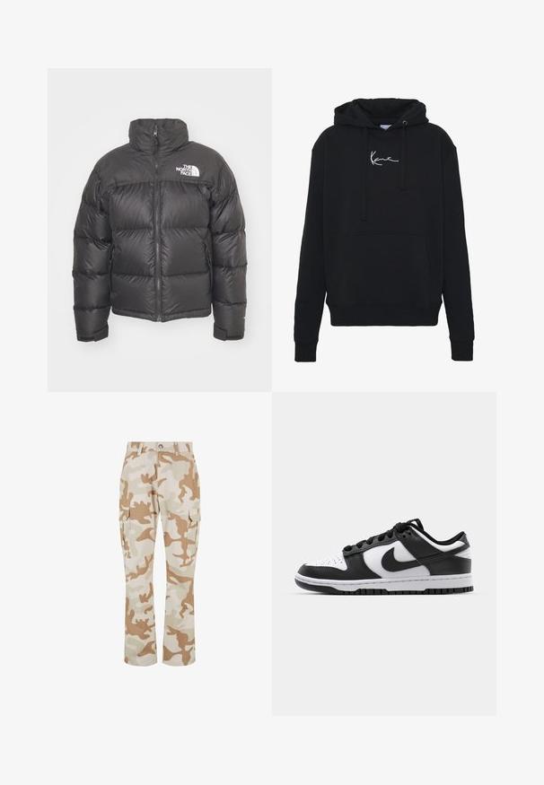 Jachetă puffer neagră cu guler înalt, închidere cu fermoar și logo. Prezintă secțiuni matlasate și manșete elastice pentru un plus de căldură.; Hanorac negru din material moale, cu buzunar frontal, sireturi și broderie albă a logo-ului pe piept. Croială clasică și manșete ribbate.; Pantaloni cargo bej cu camuflaj, dotati cu buzunare laterale, fabricati dintr-un material cu textură netedă, având un design cu picioare drepte și închidere cu nasture.; Adidași Nike Dunk alb-negru, cu un superior din piele, vârf perforat, sireturi negre și talpă din cauciuc negru cu design de profil.
