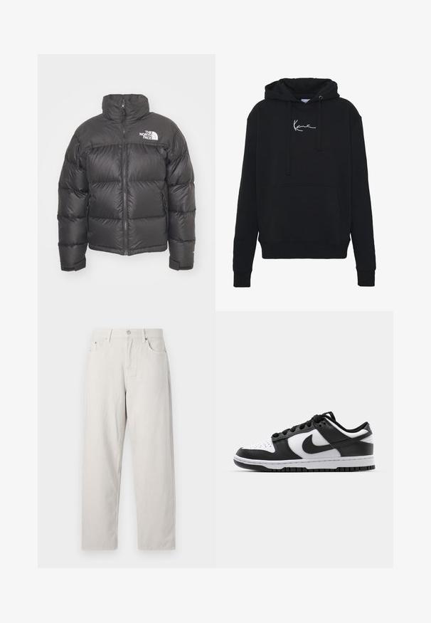Doudoune noire avec un col montant, fermeture éclair et logo. Comprend des sections matelassées et des poignets élastiques pour plus de chaleur.; Hoodie noir en tissu doux, avec une poche avant, des cordons de serrage et un logo brodé blanc sur la poitrine. Coupe classique et poignets côtelés.; Jeans taille haute beige clair au design droit. Fabriqués en épais coton avec des poches avant bien visibles et un bouton en métal.; Baskets Nike Dunk en noir et blanc avec une tige en cuir, un bout perforé, des lacets noirs et une semelle en caoutchouc noir avec un motif de semelle.