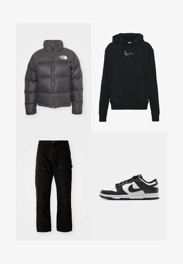 Svart puffjacka med hög krage, dragkedja och logotyp. Har kviltade sektioner och elastiska ärmslut för extra värme.; Svart hoodie gjord av mjukt tyg, med en framficka, snören och vit logobroderi på bröstet. Klassisk passform och ribbade mudd.; Svarta denimcargo byxor med en avslappnad passform, som har två framfickor, sidofickor och synliga sömnadsdetaljer.; Svarta och vita Nike Dunk sneakers med läderöverdel, perforerad tå, svarta snören och en svart gummisula med mönster.