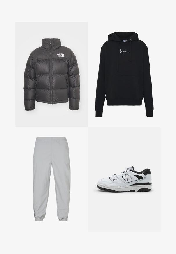 Juodas pūkinis švarkas su aukštu kaklu, užtrauktuku ir logotipo žyme. Savybės: siuvinėjimo sekcijos ir elastingi rankogaliai, suteikiantys papildomą šilumą.; Juodas gobtuvas, pagamintas iš minkštos medžiagos, su priekinėmis kišenėmis, raišteliais ir balta logotipo siuvinėjimu ant krūtinės. Klasikinis fasonas ir raštuoti rankogaliai.; Šviesiai pilkos sportinės kelnės pagamintos iš lengvos medžiagos. Elastinga juosmens juosta ir pūstos apykaklės, su užtrauktukais kulkšnėse. Lygi tekstūra.; Baltos žemos sportbačiai su juodomis detalėmis, viršus pagamintas iš odos ir tinklinio medžiagos, perforuotos detalės, paminkštintas apykaklė ir storesnis guminis padas. Modelis 550.