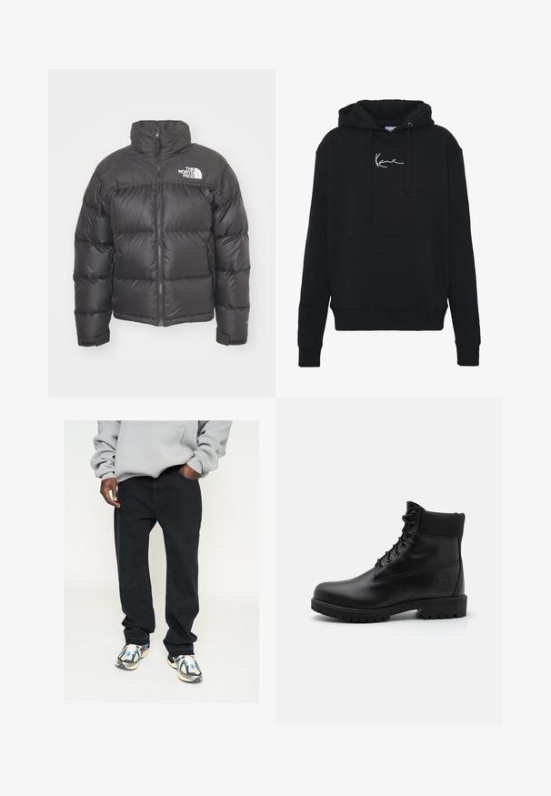 Chaqueta de plumas negra con cuello alto, cierre de cremallera y logotipo. Presenta secciones acolchadas y puños elásticos para mayor calidez.; Sudadera negra de tela suave, con un bolsillo frontal, cordones y bordado de logo blanco en el pecho. Corte clásico y puños acanalados.; Pantalones de mezclilla negra con corte recto, combinados con una sudadera con capucha de color gris claro. Acentuados por zapatillas modernas con detalles en azul.; Botas de tobillo de cuero negro con un cuello acolchado, cierre de cordones con seis ojetes, y suela de goma resistente con un logo de árbol en el costado.