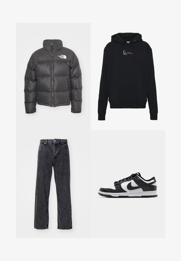 Doudoune noire avec un col montant, fermeture éclair et logo. Comprend des sections matelassées et des poignets élastiques pour plus de chaleur.; Hoodie noir en tissu doux, avec une poche avant, des cordons de serrage et un logo brodé blanc sur la poitrine. Coupe classique et poignets côtelés.; Jack & Jones JJIALEX JJORIGINAL - Jean baggy - black denim; Baskets Nike Dunk en noir et blanc avec une tige en cuir, un bout perforé, des lacets noirs et une semelle en caoutchouc noir avec un motif de semelle.