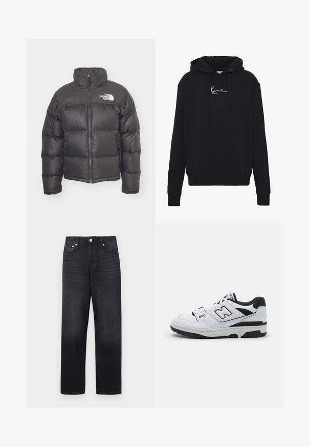 Chaqueta de plumas negra con cuello alto, cierre de cremallera y logotipo. Presenta secciones acolchadas y puños elásticos para mayor calidez.; Sudadera negra de tela suave, con un bolsillo frontal, cordones y bordado de logo blanco en el pecho. Corte clásico y puños acanalados.; Jeans de mezclilla negra con corte recto, diseño de cinco bolsillos, cierre de botón metálico y un ligero desgaste en la tela.; Zapatilla baja blanca con acentos negros, parte superior de cuero y malla, detalles perforados, cuello acolchado y suela de goma gruesa. Modelo 550.