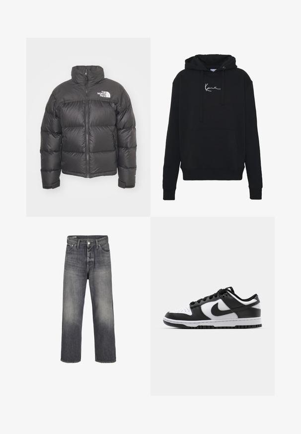 Svart pufferjakke med høy krage, glidelås og logo. Har quiltede seksjoner og elastiske mansjetter for ekstra varme.; Svart hettegenser laget av myk stoff, med en frontlomme, snor i hetten og hvit logo brodert på brystet. Klassisk passform og ribbestrikkede mansjetter.; Jeans i falmet svart farge, med rette bein, fem-lomme design og metallknapp lukking i midjen.; Svarte og hvite Nike Dunk sneakers med lær overdel, perforert tå, svarte snøringer og svart gummisåle med mønster.