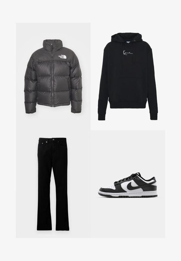 Schwarze Pufferjacke mit hohem Kragen, Reißverschluss und Logo. Verfügt über gesteppten Elemente und elastische Bündchen für zusätzlichen Wärme.; Schwarzer Hoodie aus weichem Material, mit einer Fronttasche, Kordelzügen und weißer Logo-Stickerei auf der Brust. Klassische Passform und gerippte Bündchen.; Schwarze Jeanshose mit geradem Schnitt, fünf Taschen, Metallknopfverschluss und dezenten Stitching-Details. Glatte Textur und gleichmäßige Farbe.; Schwarze und weiße Nike Dunk Sneakers mit einem Obermaterial aus Leder, perforierter Zehenpartie, schwarzen Schnürsenkeln und einer schwarzen Gummisohle mit Profildesign.