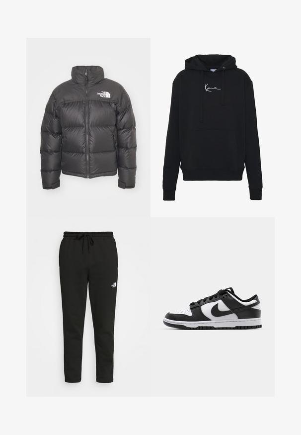 Svart puffjacka med hög krage, dragkedja och logotyp. Har kviltade sektioner och elastiska ärmslut för extra värme.; Svart hoodie gjord av mjukt tyg, med en framficka, snören och vit logobroderi på bröstet. Klassisk passform och ribbade mudd.; Svart träningsoverall i mjukt, texturerat material. Har en elastisk midja med dragsko och en liten vit logotyp på sidan.; Svarta och vita Nike Dunk sneakers med läderöverdel, perforerad tå, svarta snören och en svart gummisula med mönster.