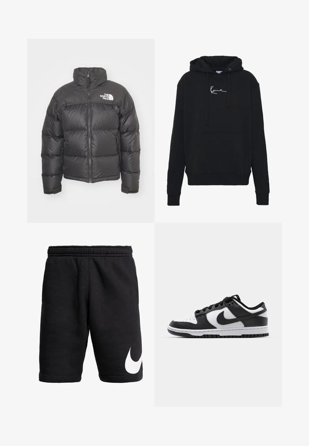 Chaqueta de plumas negra con cuello alto, cierre de cremallera y logotipo. Presenta secciones acolchadas y puños elásticos para mayor calidez.; Sudadera negra de tela suave, con un bolsillo frontal, cordones y bordado de logo blanco en el pecho. Corte clásico y puños acanalados.; Pantalones cortos de algodón negros con una cinturilla elástica, que presentan un logo blanco de Nike en el lado izquierdo. Textura suave y corte hasta la rodilla.; Zapatillas Nike Dunk en blanco y negro con parte superior de cuero, puntera perforada, cordones negros y suela de goma negra con diseño de tracción.