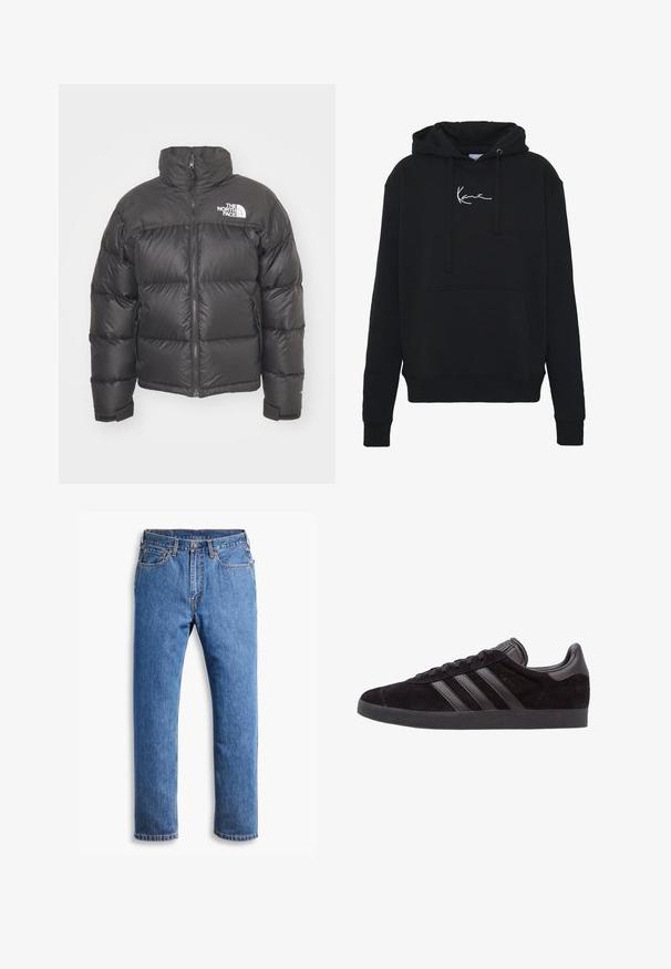 Svart pufferjakke med høy krage, glidelås og logo. Har quiltede seksjoner og elastiske mansjetter for ekstra varme.; Svart hettegenser laget av myk stoff, med en frontlomme, snor i hetten og hvit logo brodert på brystet. Klassisk passform og ribbestrikkede mansjetter.; Blå denimjeans med rett snitt, med fem lommer, knappelukking og oransje sømdetaljer på en ren hvit bakgrunn.; Sorte semskede sneakers med teksturerte gummisåler, som har tre svarte lærstriper, rund tær, og polstret ankelkrage.