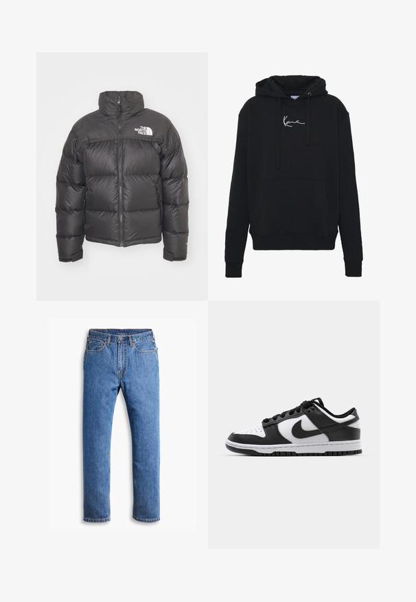 Giacca a vento nera con collo alto, chiusura con zip e logo. Presenta sezioni trapuntate e polsini elasticizzati per un maggiore calore.; Felpa nera con cappuccio in tessuto morbido, dotata di una tasca frontale, lacci e ricamo del logo bianco sul petto. Design classico e polsini a coste.; Jeans in denim blu con taglio dritto, dotati di cinque tasche, chiusura a bottone e cuciture arancioni su uno sfondo bianco pulito.; Sneakers Nike Dunk in bianco e nero con tomaia in pelle, punta perforata, lacci neri e suola in gomma nera con design della tacco.