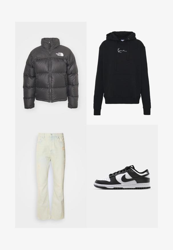 Melnā pūkainā jaka ar augstu apkakli, ar rāvējslēdzēju un logotipu. Iezīmējas ar izšūtiem fragmentiem un elastīgām piedurknēm papildu siltumam.; Melnā kapuce, kas izgatavota no mīkstas auduma, ar priekšējo kabatu, auklām un balto logotipa izšuvumu uz krūtīm. Klasisks piegriezums un ribota aproce.; Gaiši beidzs džinsu flared bikses ar nodilušām vietām, pogu aizdare un piecu kabatu dizains. Gluda tekstūra un klasiskā griezuma.; Melnas un baltas Nike Dunk kedas ar ādas virsu, perforētu pirkstu daļu, melnām šņorēm un melnu gumijas zoli ar protektora dizainu.