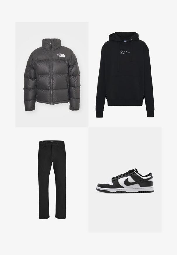 Chaqueta de plumas negra con cuello alto, cierre de cremallera y logotipo. Presenta secciones acolchadas y puños elásticos para mayor calidez.; Sudadera negra de tela suave, con un bolsillo frontal, cordones y bordado de logo blanco en el pecho. Corte clásico y puños acanalados.; R.D.D. ROYAL DENIM DIVISION RDD - Vaqueros rectos - black denim; Zapatillas Nike Dunk en blanco y negro con parte superior de cuero, puntera perforada, cordones negros y suela de goma negra con diseño de tracción.