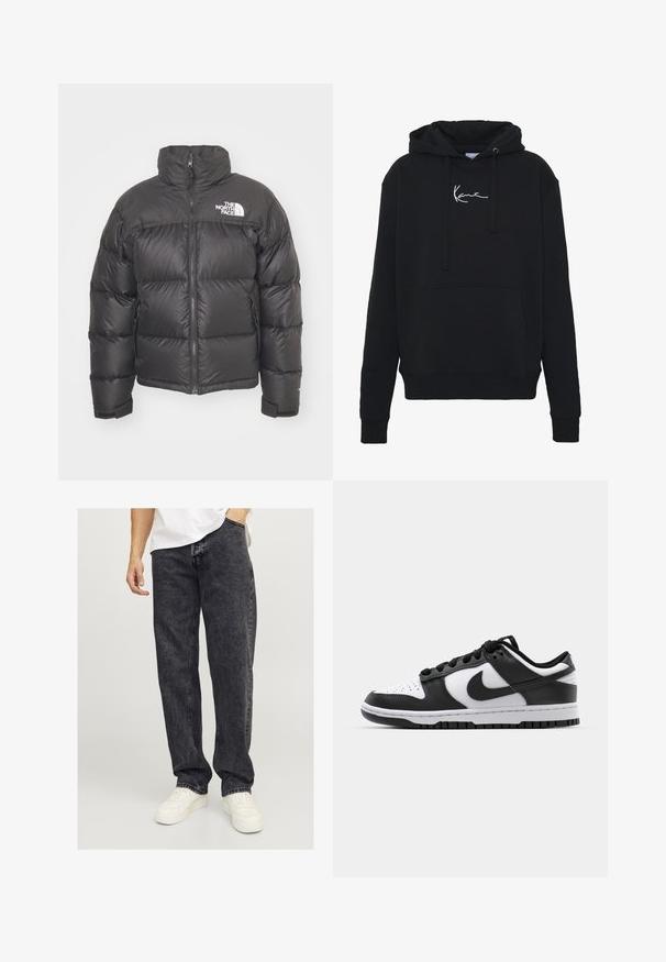 Mustan vuorillinen takki, jossa on korkea kaulus, vetoketjukiinnitys ja logo. Takissa on tikatut osiot ja joustavat hihansuut lisälämmön vuoksi.; Mustaparta, joka on valmistettu pehmeästä kankaasta, jossa on etutasku, narut ja valkoinen logopainatus rinnassa. Klassinen malli ja ribbikupperit.; Jack & Jones JJIEDDIE JJORIGINAL - Baggy-farkut - black denim; Mustat ja valkoiset Nike Dunk -lenkkarit, joissa on nahkapinta, reikätty varvaspään osa, mustat nauhat ja musta kumipohja, jossa on uramalli.