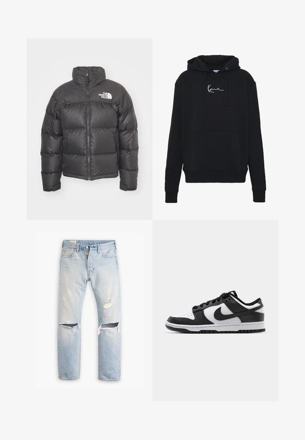 Giacca a vento nera con collo alto, chiusura con zip e logo. Presenta sezioni trapuntate e polsini elasticizzati per un maggiore calore.; Felpa nera con cappuccio in tessuto morbido, dotata di una tasca frontale, lacci e ricamo del logo bianco sul petto. Design classico e polsini a coste.; Jeans in denim blu chiaro con taglio dritto, caratterizzati da zone sfruttate e strappi evidenti alle ginocchia. Design classico a cinque tasche.; Sneakers Nike Dunk in bianco e nero con tomaia in pelle, punta perforata, lacci neri e suola in gomma nera con design della tacco.