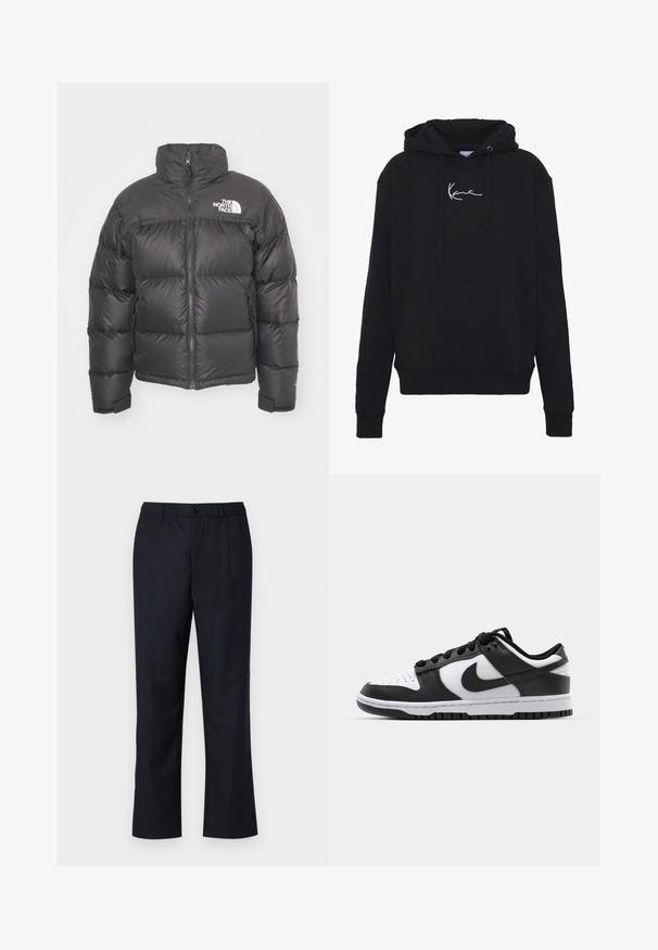 Zwarte pufferjack met hoge kraag, ritssluiting en logo. Bevat gequiltte secties en elastische manchetten voor extra warmte.; Zwarte hoodie van zachte stof, met een voorzak, koorden en witte logo borduring op de borst. Klassieke pasvorm en geribde manchetten.; Donkerblauwe broek met een rechte voorkant, elastische tailleband en een enkele knoopsluiting. Gemaakt van een gladde stof met een rechte pijpdesign.; Zwart-witte Nike Dunk sneakers met een leren bovenwerk, geperforeerde neus, zwarte veters en een zwarte rubberen zool met profiel.