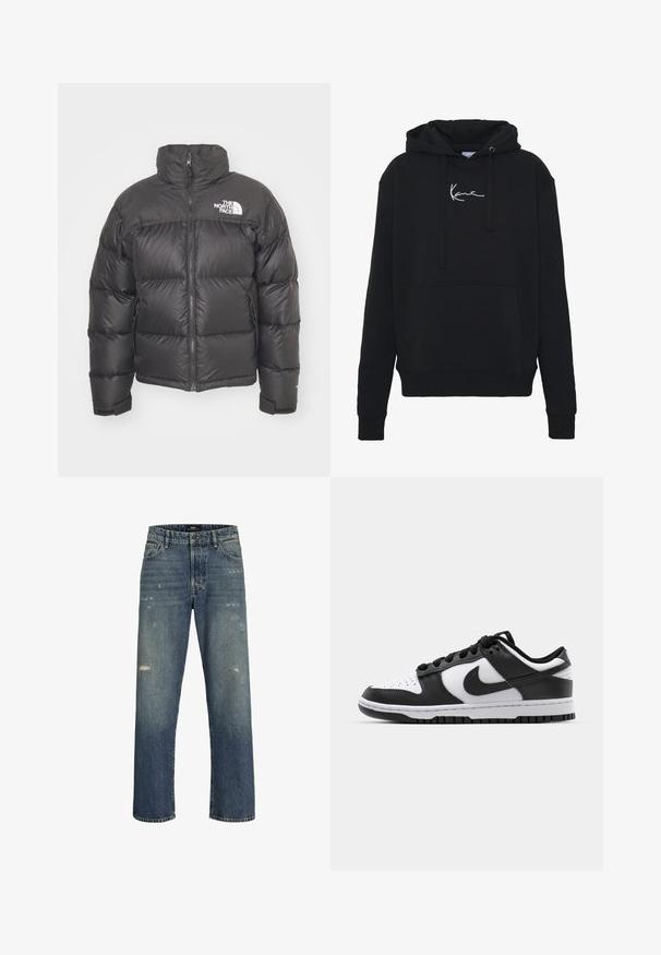 Černá péřová bunda s vysokým límcem, zipem a logem. Obsahuje prošívané části a elastické manžety pro větší teplo.; Černá mikina s kapucí vyrobená z měkké tkaniny, s přední kapsou, šňůrkami na stažení a bílou výšivkou loga na prsou. Klasický střih a pletené manžety.; Modré džíny z denimu s rovným střihem, s lehkým opotřebením, standardním pasem s knoflíkovým zapínáním a pěti kapsami.; Černobílé tenisky Nike Dunk s koženým svrškem, perforovanou špičkou, černými tkaničkami a černou gumovou podrážkou s dezénem.