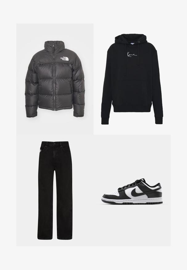 Mustan vuorillinen takki, jossa on korkea kaulus, vetoketjukiinnitys ja logo. Takissa on tikatut osiot ja joustavat hihansuut lisälämmön vuoksi.; Mustaparta, joka on valmistettu pehmeästä kankaasta, jossa on etutasku, narut ja valkoinen logopainatus rinnassa. Klassinen malli ja ribbikupperit.; Mustat farkut suoran lahkeiden leikkauksella, joissa on etutaskut, napitus ja huomaamaton logo-ommel vyötäröllä.; Mustat ja valkoiset Nike Dunk -lenkkarit, joissa on nahkapinta, reikätty varvaspään osa, mustat nauhat ja musta kumipohja, jossa on uramalli.