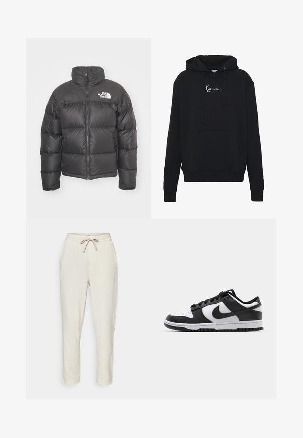 Svart puffjacka med hög krage, dragkedja och logotyp. Har kviltade sektioner och elastiska ärmslut för extra värme.; Svart hoodie gjord av mjukt tyg, med en framficka, snören och vit logobroderi på bröstet. Klassisk passform och ribbade mudd.; Ljust beige, texturerade bomullsbukser med elastisk midjeband och snörning. Har sidofickor och avsmalnande ben.; Svarta och vita Nike Dunk sneakers med läderöverdel, perforerad tå, svarta snören och en svart gummisula med mönster.