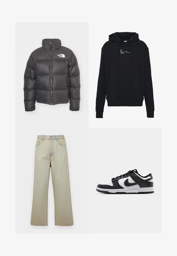 Crna puf jakna s visokim ovratnikom, patentnim zatvaračem i logotipom. Ima ušivene dijelove i elastične manšete za dodatnu toplinu.; Crna dukserica od mekog materijala, s prednjim džepom, vezicama i bijelim izvezenim logom na prsima. Klasičan kroj i rebrasti rubovi.; Svijetloplave traperice širokog kroja s izblijedjelim završetkom. Imaju pet džepova i zatvaranje na gumbe sprijeda.; Crno-bijeli Nike Dunk tenisice s kožnom gornjom površinom, perforiranim prstom, crnim vezicama i crnom gumenom potplatom s dizajnom rebrastog uzorka.