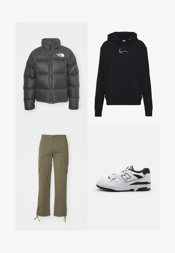 Sort puff jakke med høj hals, lynlås og logo. Har kviltede sektioner og elastiske manchetter for ekstra varme.; Sort hættejakke lavet af blødt stof, med en forlomma, snore og hvidt logo broderi på brystet. Klassisk pasform og ribbede manchetter.; Olivenfarvede cargo-bukser med lige ben-design, der har to sidelommer og justerbare bånd ved anklerne. Lavet af slidstærkt stof.; Hvide lavtop sneakers med sorte accenter, overdel i læder og mesh, perforerede detaljer, polstret krave og tyk gummisål. Model 550.