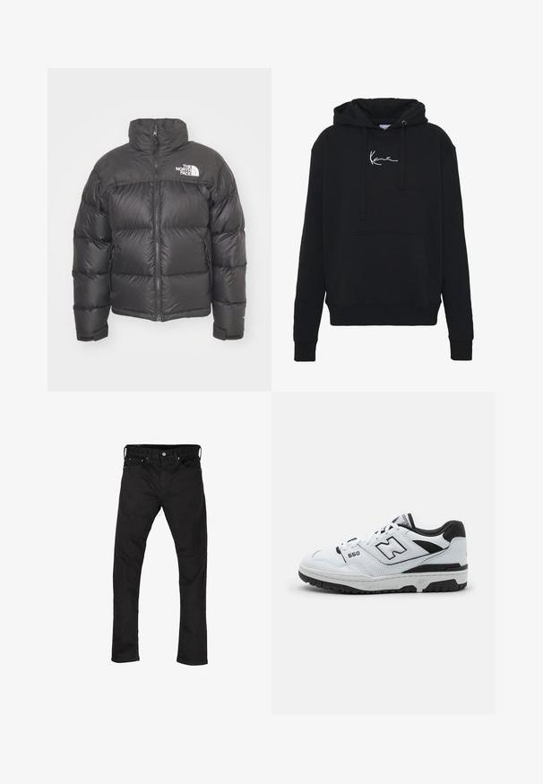 Doudoune noire avec un col montant, fermeture éclair et logo. Comprend des sections matelassées et des poignets élastiques pour plus de chaleur.; Hoodie noir en tissu doux, avec une poche avant, des cordons de serrage et un logo brodé blanc sur la poitrine. Coupe classique et poignets côtelés.; Jean slim noir avec cinq poches et fermeture à bouton, présenté à plat sur un fond blanc.; Baskets basses blanches avec accents noirs, tige en cuir et mesh, détails perforés, col rembourré et semelle en caoutchouc épaisse. Modèle 550.