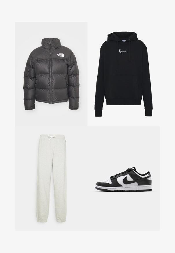 Sort puff jakke med høj hals, lynlås og logo. Har kviltede sektioner og elastiske manchetter for ekstra varme.; Sort hættejakke lavet af blødt stof, med en forlomma, snore og hvidt logo broderi på brystet. Klassisk pasform og ribbede manchetter.; Lysegrå sweatpants med snoretræk i taljen, elastiske manchetter og en blød tekstur. Ingen synlige mønstre eller yderligere hardware.; Sort og hvid Nike Dunk sneakers med læderoverdel, perforeret tå, sorte snørebånd og en sort gummisål med slidbanedesign.
