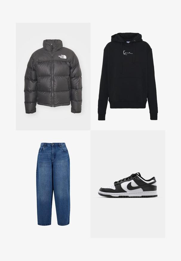 Zwarte pufferjack met hoge kraag, ritssluiting en logo. Bevat gequiltte secties en elastische manchetten voor extra warmte.; Zwarte hoodie van zachte stof, met een voorzak, koorden en witte logo borduring op de borst. Klassieke pasvorm en geribde manchetten.; Hoge taille, rechte jeans in middelblauwe denim. Bevat een vijf-pocket ontwerp, metalen knoopsluiting en dubbel gestikte zoom.; Zwart-witte Nike Dunk sneakers met een leren bovenwerk, geperforeerde neus, zwarte veters en een zwarte rubberen zool met profiel.