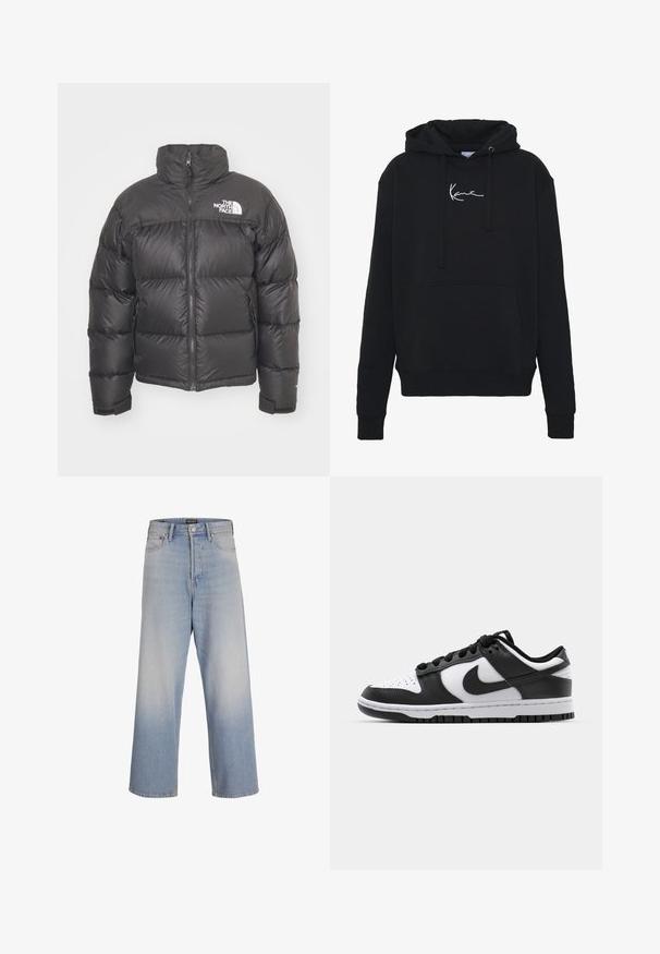 Svart pufferjakke med høy krage, glidelås og logo. Har quiltede seksjoner og elastiske mansjetter for ekstra varme.; Svart hettegenser laget av myk stoff, med en frontlomme, snor i hetten og hvit logo brodert på brystet. Klassisk passform og ribbestrikkede mansjetter.; Lyseblå brede jeans laget av denim, med høy midje, frontlommer og en falmet vaskefinish for en teksturert utseende.; Svarte og hvite Nike Dunk sneakers med lær overdel, perforert tå, svarte snøringer og svart gummisåle med mønster.