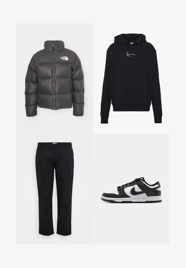 Black puffer jacket with a high neck, zip closure, and logo. Features quilted sections and elastic cuffs for added warmth.; Black hoodie made of soft fabric, featuring a front pocket, drawstrings, and white logo embroidery on the chest. Classic fit and ribbed cuffs.; Jack & Jones JPSTBILL WILLIAM WORKER - Trousers - black; Black and white Nike Dunk sneakers featuring a leather upper, perforated toe, black laces, and a black rubber sole with tread design.