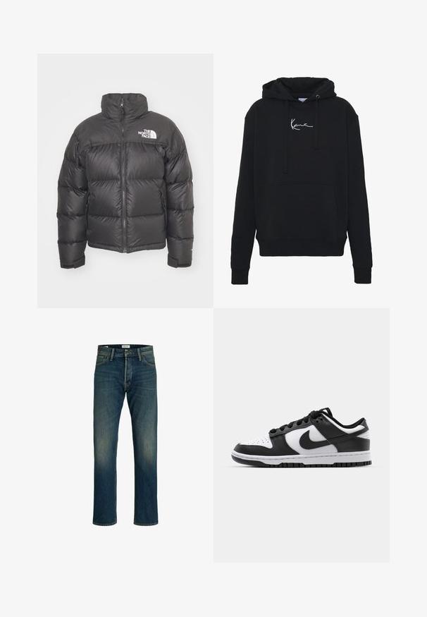 Zwarte pufferjack met hoge kraag, ritssluiting en logo. Bevat gequiltte secties en elastische manchetten voor extra warmte.; Zwarte hoodie van zachte stof, met een voorzak, koorden en witte logo borduring op de borst. Klassieke pasvorm en geribde manchetten.; Denim jeans met een gemiddeld blauwe wassing, rechte pijpen, een klassiek vijf-pocket ontwerp en lichte vervaging op de dijen voor textuur.; Zwart-witte Nike Dunk sneakers met een leren bovenwerk, geperforeerde neus, zwarte veters en een zwarte rubberen zool met profiel.